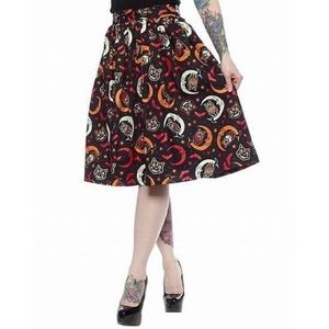 Sourpuss Black and Orange Cat Print A-Line Skirt